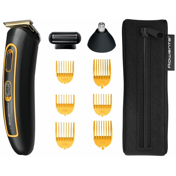 Тример Rowenta Sport Collection, для голови, носа, вух і тіла, мережа+акум., роторний мотор, насадок-8, чохол, титан.напил., чорно-жовтий