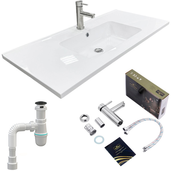 Набір для ванної кімнати, раковина, умивальник Adamant FLATE 100, штучний камінь, прямокут., з сифоном Click-Clack + змішувач