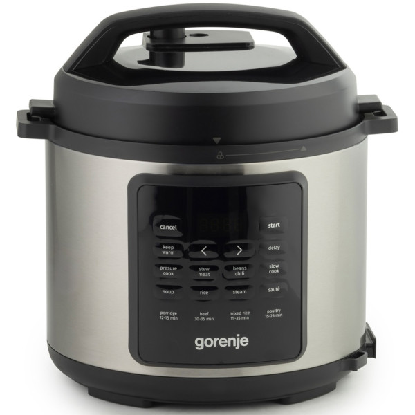 Мультиварка-скороварка Gorenje, 1000Вт, чаша-6л, електронне керув., 8 програм, метал/пластик, чорний-нерж