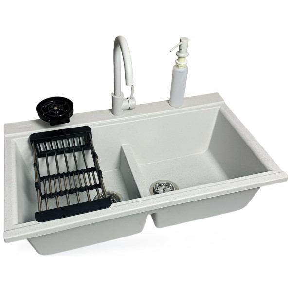 Набір кухонний Adamant Similar, штучний камінь, прямокут., без крила, 885x505x230мм, чаша - 2, врізна, Old stone + змішувач + дозатор + ополіскувач склянок + коландер