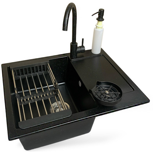 Набір кухонний Adamant Minimal, штучний камінь, прямокут., з крилом, 615х495х200мм, чаша - 1, врізна, чорний + змішувач + дозатор + ополіскувач склянок + коландер