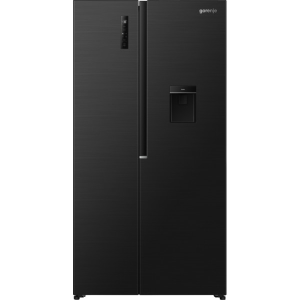 Холодильник SBS Gorenje, 179х62х92см, 2 двері, 344(197)л, А+, NF+, Інв., Зона св-ті, диспенсер, генератор льоду, Зовн. Диспл, чорний