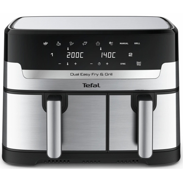 Мультипіч Tefal Dual EasyFry&Grill AirFryer, 2700Вт, чаша-5.2+3.1л, сенсорне керув., 2 чаши, гриль, пластик, сіро-чорний