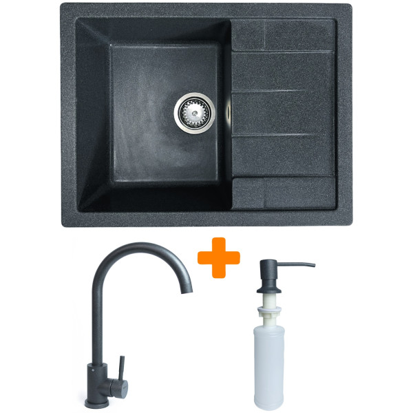 Набір кухонний Adamant Anila, штучний камінь, прямокут., з крилом, 645х495х200мм, чаша - 1, врізна, графіт + змішувач та дозатор