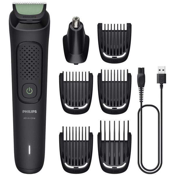 Тример Philips All-in-One Trimmer 3000 Series, для обличчя, голови, носа, акум., насадок-7, сталь, чорний