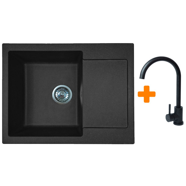 Набір кухонний Adamant Minimal, штучний камінь, прямокут., з крилом, 615х495х200мм, чаша - 1, врізна, чорний + змішувач