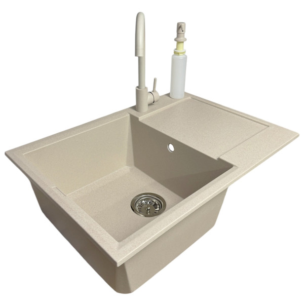 Набір кухонний Adamant Horizon Medium, штучний камінь, прямокут., з крилом, 700х500х230мм, чаша - 1, врізна, Avena + змішувач та дозатор