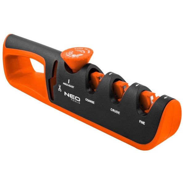 Точилка для ножів та ножиць Neo Tools, 77х290х47мм, 3 етапи заточування, алмаз, карбід вольфраму та кераміка, регулювання кута заточування, ABS-пластик та TPR гума