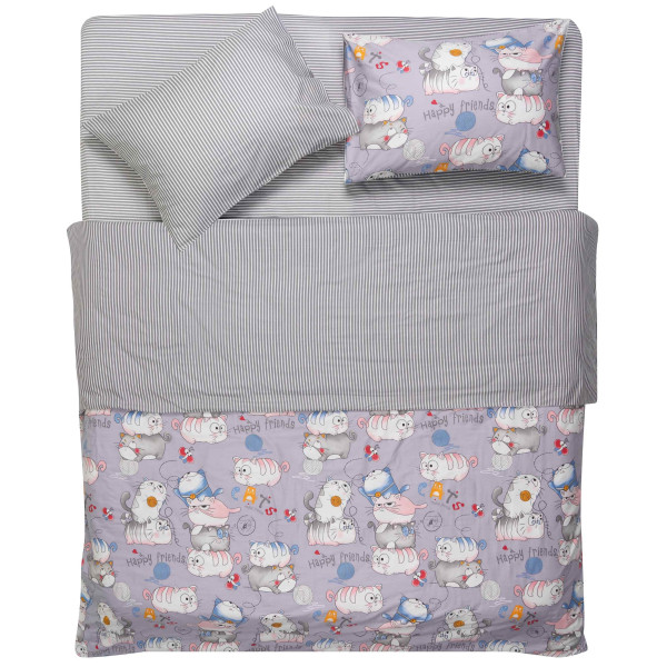 КПБ 1,5сп ARDESTO Gloria, підковдра 160х220см, простирадло 160х220см, наволочки (2) 50х70см, 100% бавовна, сатин, веселі котики, смужка