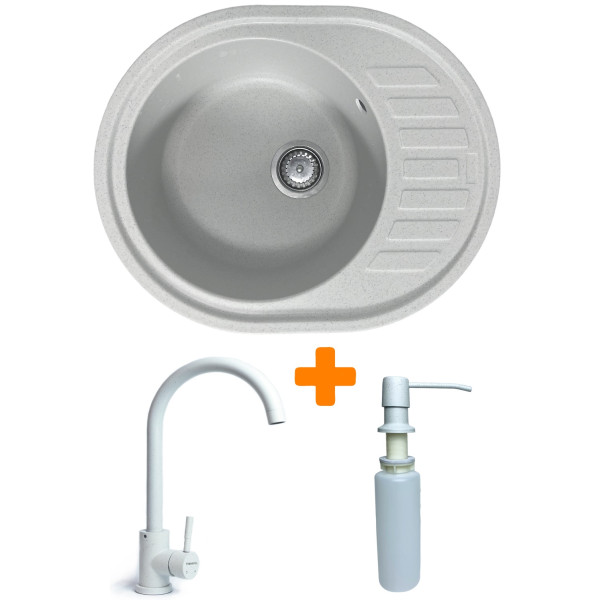 Набір кухонний Adamant Ovum, штучний камінь, овальна, з крилом, 615х495х200мм, чаша - 1, врізна, Old stone + змішувач та дозатор