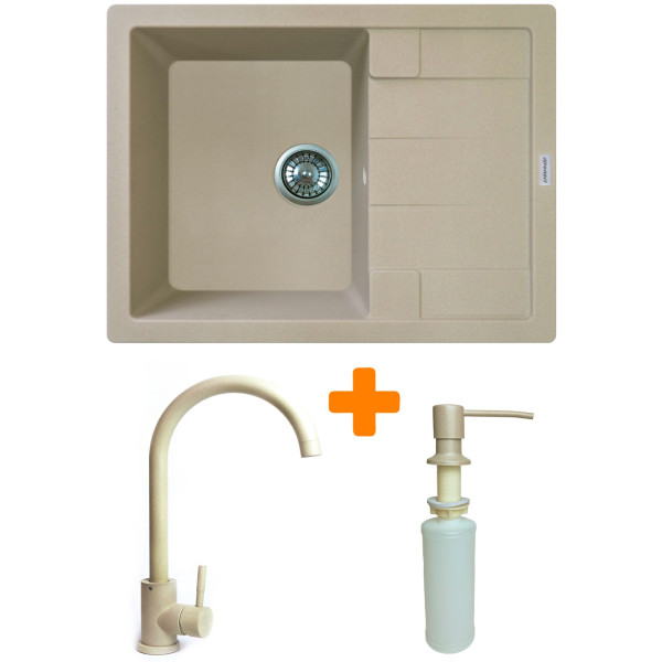 Набір кухонний Adamant Anila, штучний камінь, прямокут., з крилом, 645х495х200мм, чаша - 1, врізна, Сахара + змішувач та дозатор