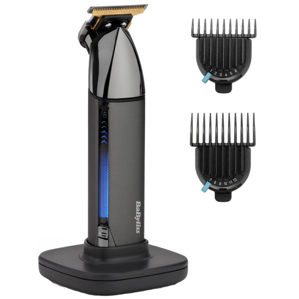 Тример Babyliss Super-X Metal Black Edition, для вусів та бороди, акум., насадок-2, кейс, підставка, сталь, чорно-сірий