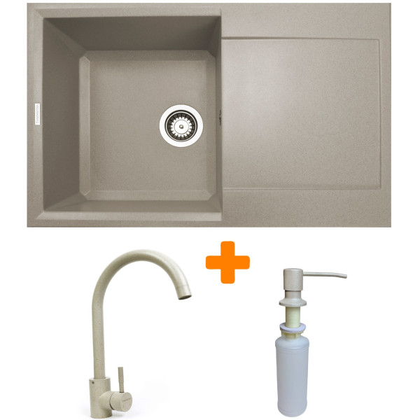 Набір кухонний Adamant Horizon, штучний камінь, прямокут., з крилом, 780х495х230мм, чаша - 1, врізна, Avena + змішувач та дозатор