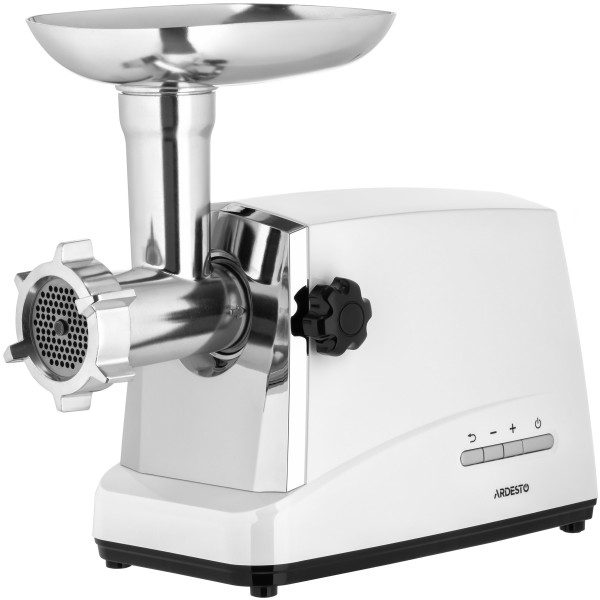 М'ясорубка ARDESTO, 1750Вт, 2кг/хв, 3 решітки, насадка для ковбас, кеббе, 4 терки, пластик, біло-сріблястий
