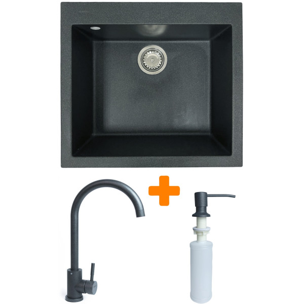 Набір кухонний Adamant Univer, штучний камінь, квадрат, без крила, 560х500х200мм, чаша - 1, врізна, графіт + змішувач та дозатор