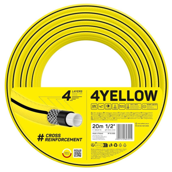 Шланг садовий Cellfast 4YELLOW 1/2" 20м 4 шари до 20бар -10…+50°C