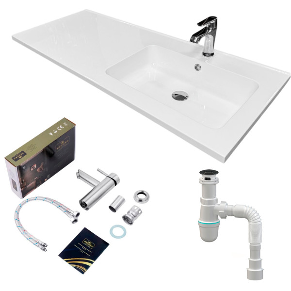 Набір для ванної кімнати, раковина, умивальник Adamant FLATE 120R, штучний камінь, прямокут., з сифоном Click-Clack + змішувач