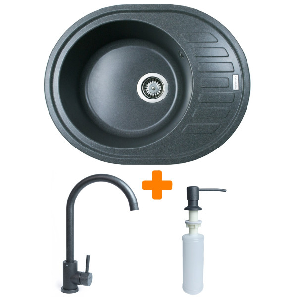 Набір кухонний Adamant Ovum, штучний камінь, овальна, з крилом, 615х495х200мм, чаша - 1, врізна, графіт + змішувач та дозатор