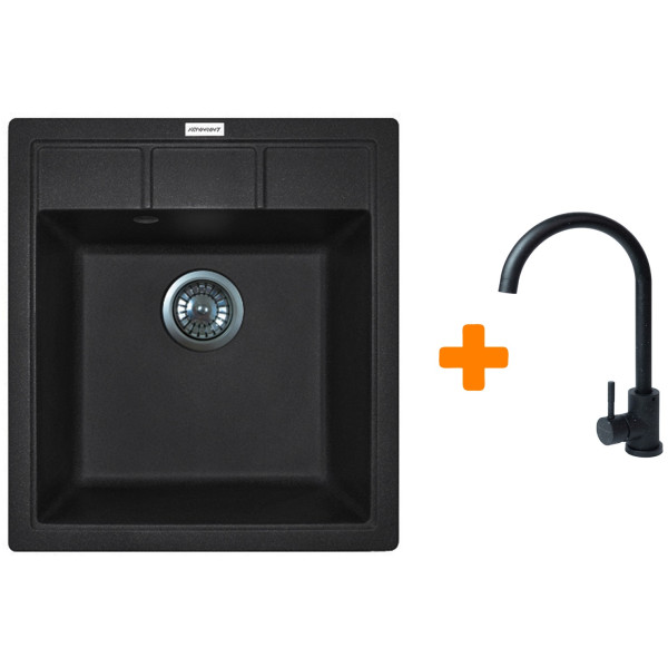 Набір кухонна Adamant Brick, штучний камінь, квадрат, без крила, 460x515x200мм, чаша - 1, врізна, чорний + змішувач