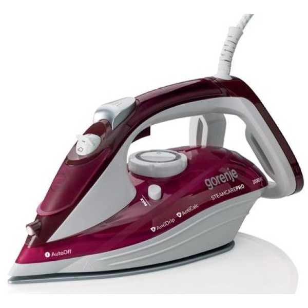 Праска Gorenje, 3000Вт, 350мл, паровий удар-105гр, верт. відпарювання, антинакип, автовідключення, керам. підошва, бардово-білий