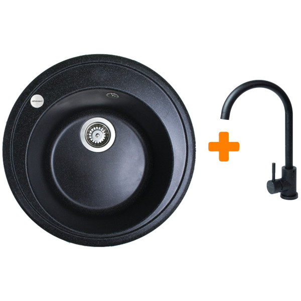 Набір кухонна Adamant Sun, штучний камінь, кругла, без крила, 510x200мм, чаша - 1, врізна, чорний + змішувач