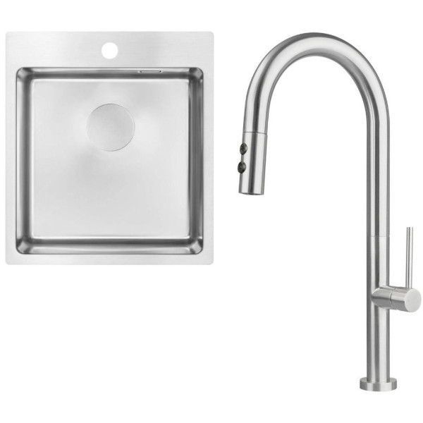 Набір для кухні Deante Olfato стальна мийка ZPO_010A + зміш. BQO_F72M, матова сталь