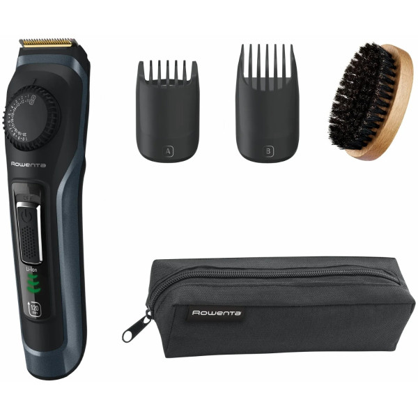 Тример Rowenta Virtuo, для бороди і вусів, мережа+акум., насадок-2, чохол, титан.напил., кейс для зберігання, чорно-синій
