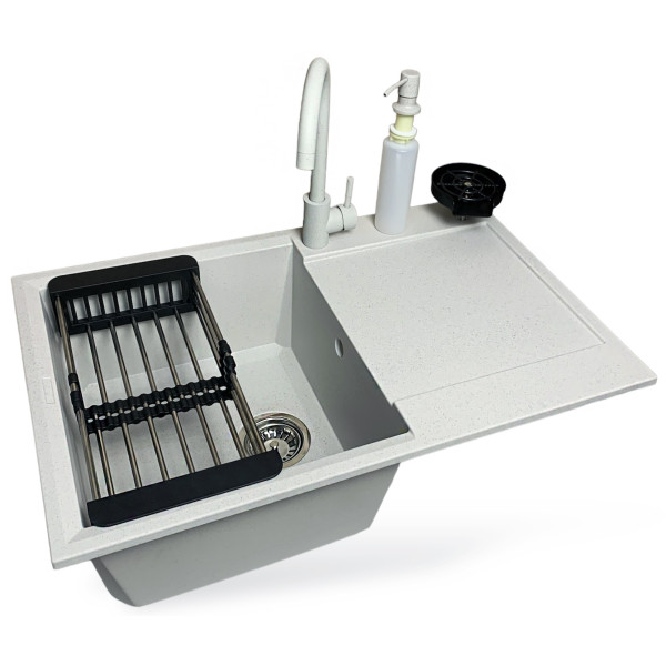 Набір кухонний Adamant Horizon, штучний камінь, прямокут., з крилом, 780х495х230мм, чаша - 1, врізна, Old stone + змішувач + дозатор + ополіскувач склянок + коландер