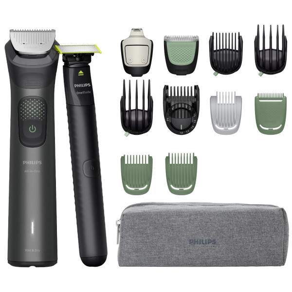 Тример Philips Series 9000, для обличчя, голови, тіла, акум., насадок-15, OneBlade в компл., сталь, сірий