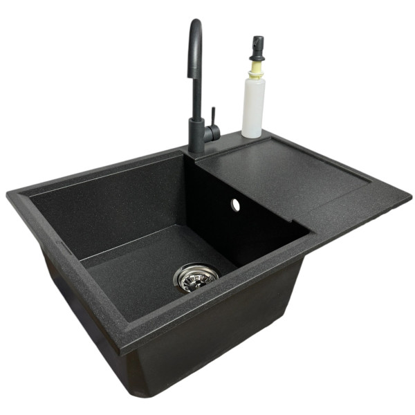 Набір кухонний Adamant Horizon Medium, штучний камінь, прямокут., з крилом, 700х500х230мм, чаша - 1, врізна, графіт + змішувач та дозатор