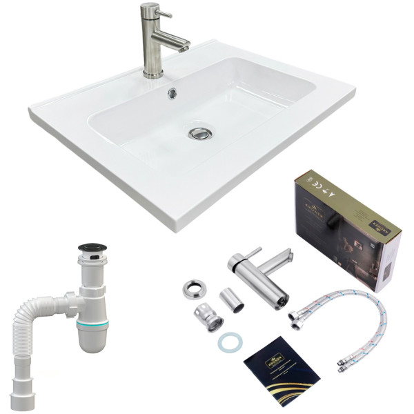 Набір для ванної кімнати, раковина, умивальник Adamant FLATE 60, штучний камінь, прямокут., з сифоном Click-Clack + змішувач