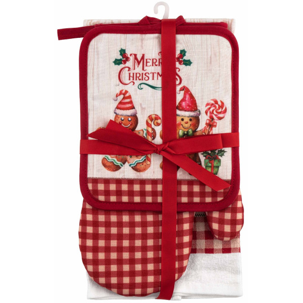 Подарунковий набір для кухні ARDESTO Christmas Gingerbread, 3шт, 100% бавовна (рушничок), 100% поліестер (прихватки), червоний