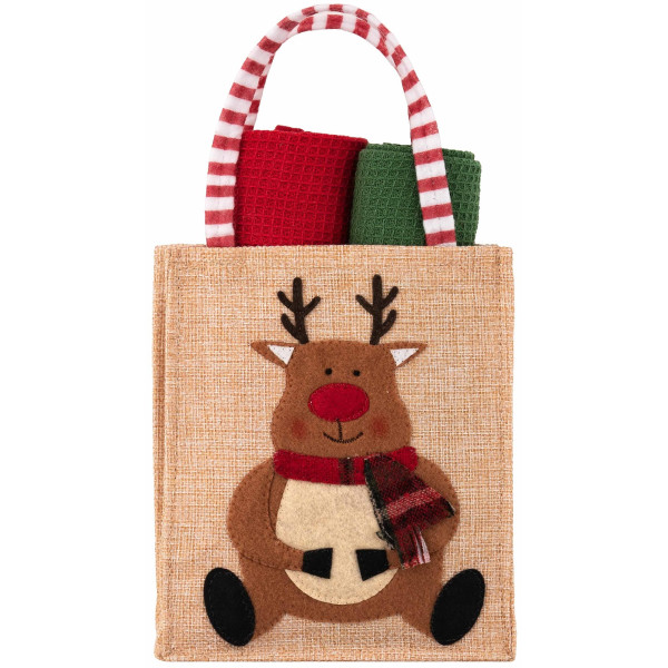 Подарунковий набір рушничків в мішечку ARDESTO Christmas Deer 38х63см, 2шт, 100% бавовна, червоний, зелений