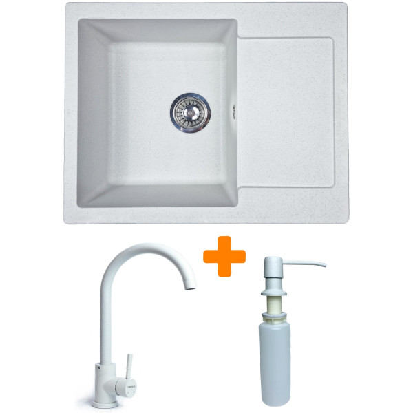 Набір кухонний Adamant Minimal, штучний камінь, прямокут., з крилом, 615х495х200мм, чаша - 1, врізна, Old stone + змішувач та дозатор