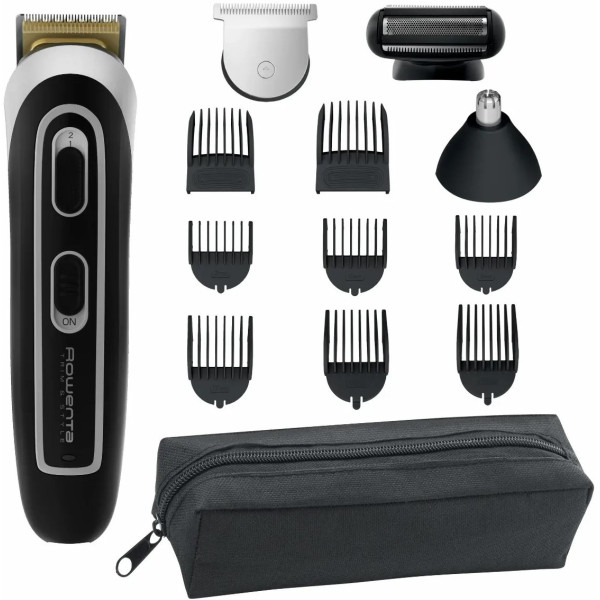 Тример Rowenta Trim & Style, для бороди, вусів, голови и тіла, мережа+акум., роторний мотор, насадок-11, чохол, титан.напил., чорно-сріблястий