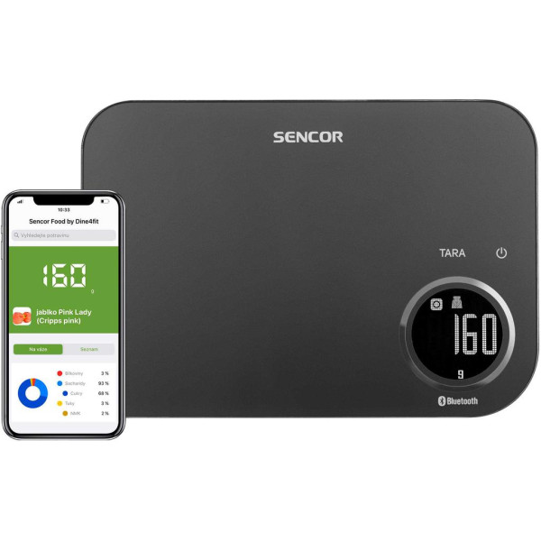 Ваги Sencor кухонні, 8кг, підключення до смартфону, AAAx2, пластик, чорний