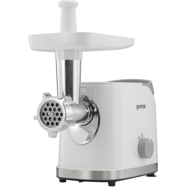 М'ясорубка Gorenje, 1800Вт, 2.1кг/хв, 2 решітки, насадка для ковбас, кеббе, томатів, 3 терки, пластик/метал, білий