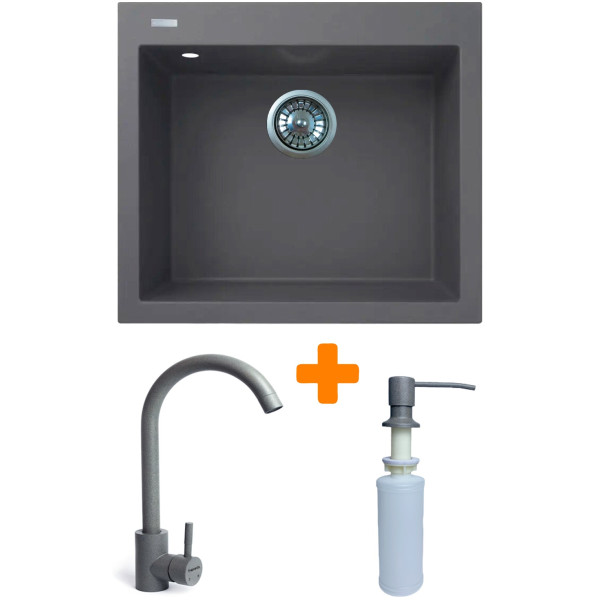Набір кухонний Adamant Univer, штучний камінь, квадрат, без крила, 560х500х200мм, чаша - 1, врізна, сірий + змішувач та дозатор