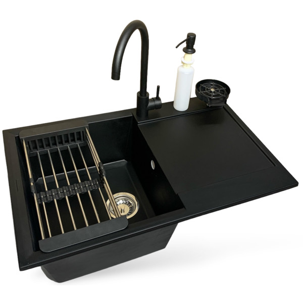 Набір кухонний Adamant Horizon, штучний камінь, прямокут., з крилом, 780х495х230мм, чаша - 1, врізна, антрацит + змішувач + дозатор + ополіскувач склянок + коландер