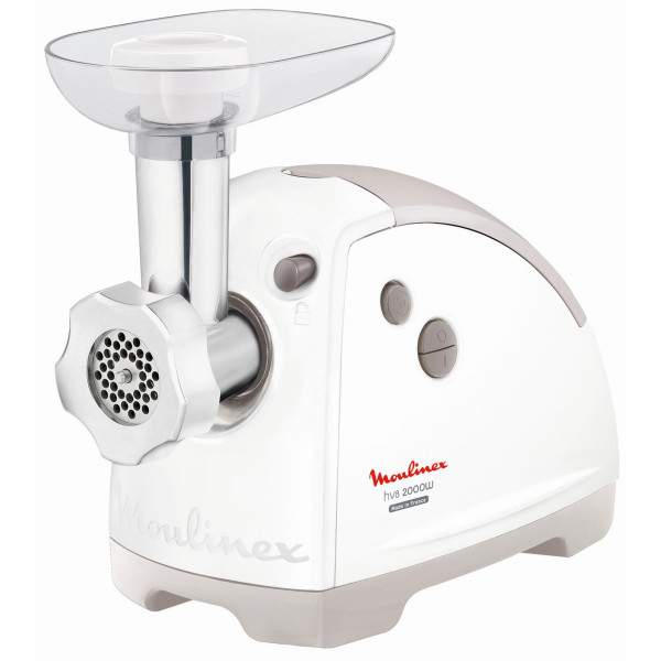М'ясорубка Moulinex, 2000Вт, 2.6кг/хв, 2 решітки, насадка для ковбас, кеббе, томатів, 5 терок, пластик, біло-сірий