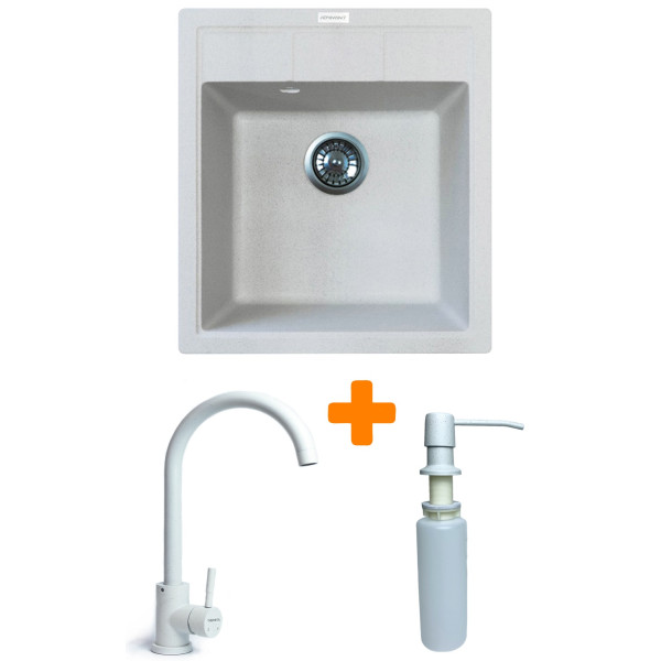 Набір кухонна Adamant Brick, штучний камінь, квадрат, без крила, 460x515x200мм, чаша - 1, врізна, Old stone + змішувач та дозатор