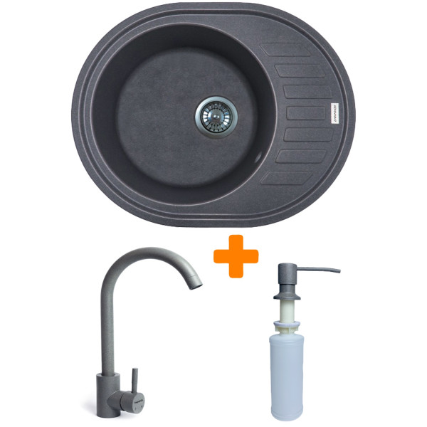 Набір кухонний Adamant Ovum, штучний камінь, овальна, з крилом, 615х495х200мм, чаша - 1, врізна, сірий + змішувач та дозатор