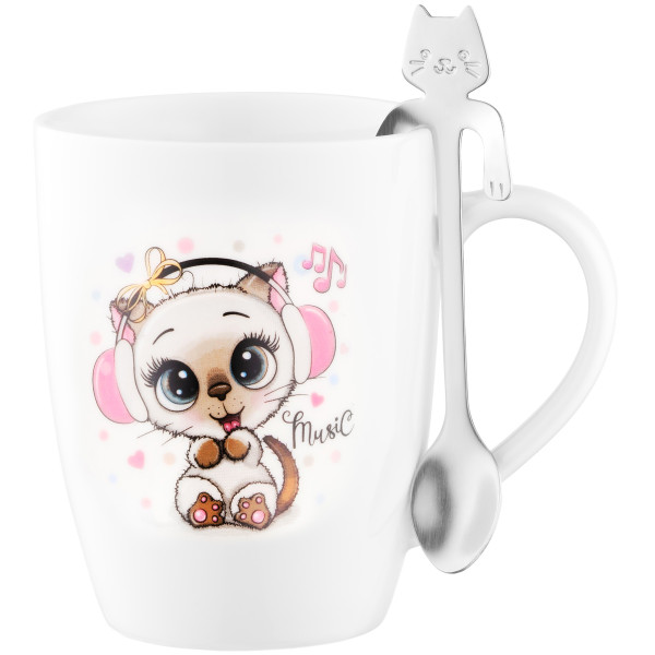 Чашка з ложкою ARDESTO Music, 320мл, порцеляна, нержавіюча сталь, білий