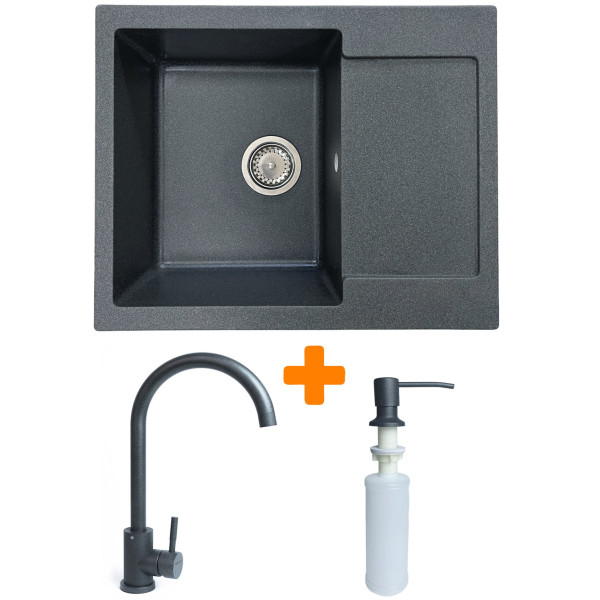 Набір кухонний Adamant Minimal, штучний камінь, прямокут., з крилом, 615х495х200мм, чаша - 1, врізна, графіт + змішувач та дозатор
