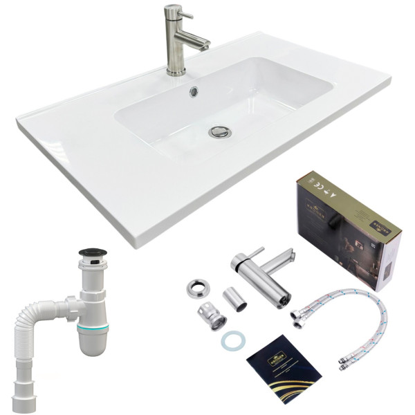 Набір для ванної кімнати, раковина, умивальник Adamant FLATE 80, штучний камінь, прямокут., з сифоном Click-Clack + змішувач