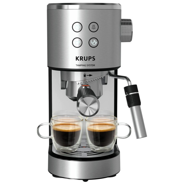 Кавоварка Krups ріжкова Virtuoso+ Tamping System 1л, мелена, ручний капучинатор, 15 бар, сірий