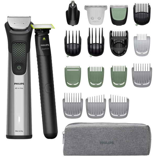 Тример Philips Series 9000, для бороди, голови та тіла, насадок-15, OneBlade в компл., сталь, сірий