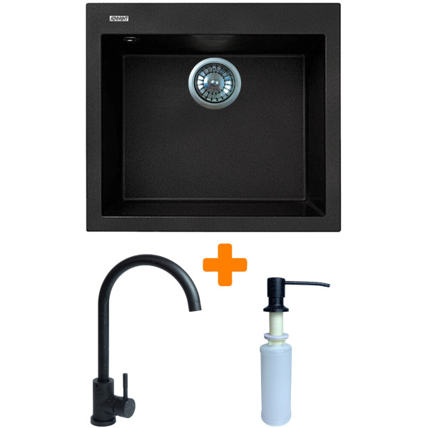 Набір кухонний Adamant Univer, штучний камінь, квадрат, без крила, 560х500х200мм, чаша - 1, врізна, чорний + змішувач та дозатор