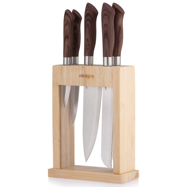 Набір ножів з блоком ARDESTO Midori, 6 предметів, нержавіюча сталь, пластик, бамбук, коричневий