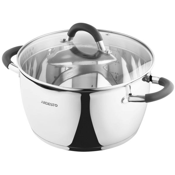 Каструля зі скляною кришкою та зливом ARDESTO Gemini Livorno, 5.5л, нержавіюча сталь, силікон